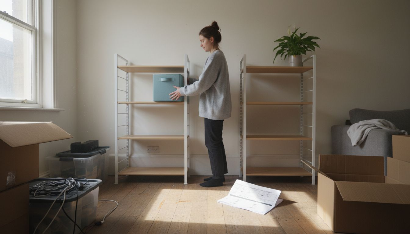 Woman assembling modular storage units in flat