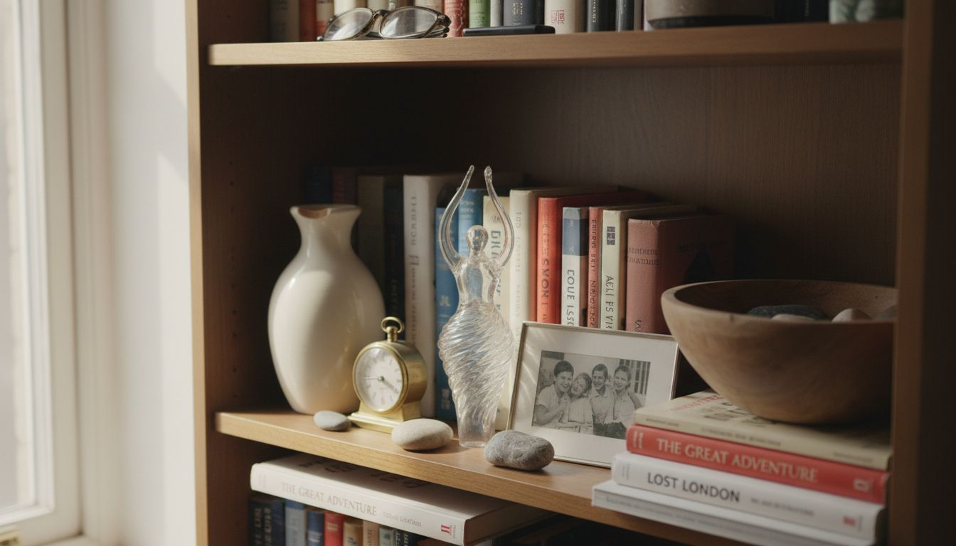 Mixed-size ornaments on messy bookcase