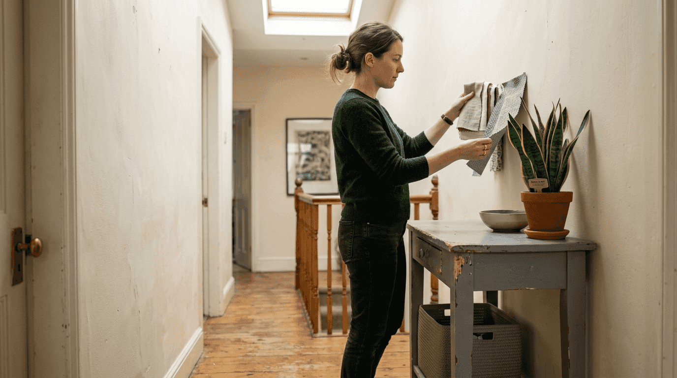 Person compares fabrics in neutral hallway