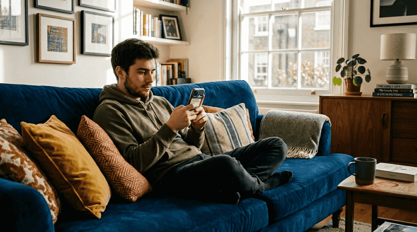 Curved blue sofa inviting modern living space
