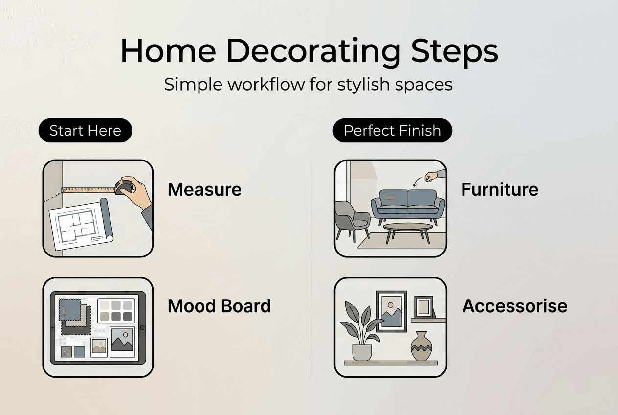 Infographic of stepwise home decorating workflow