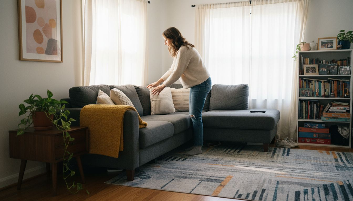 Woman styling sofa with pillows and throws