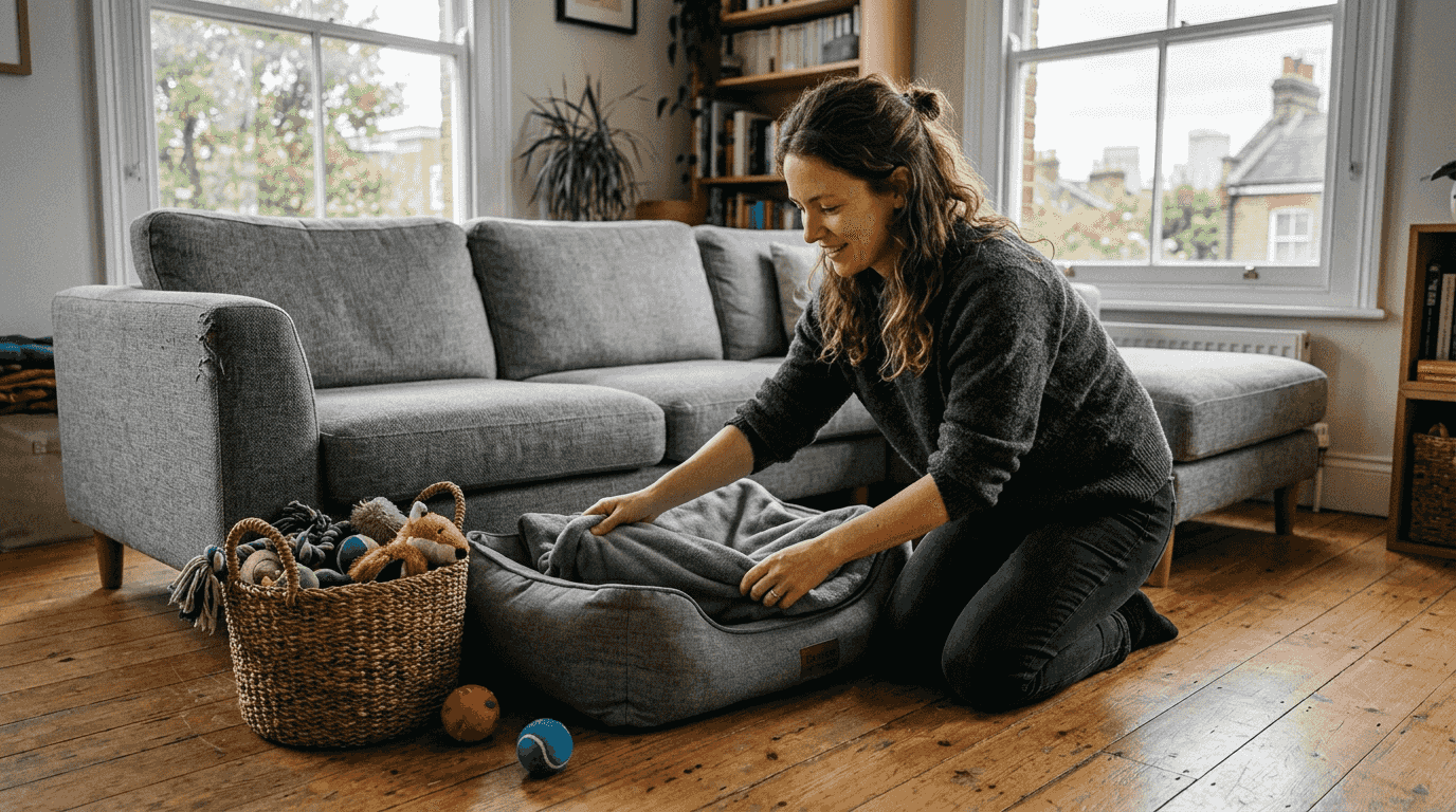Coordinated pet accessories match living room decor