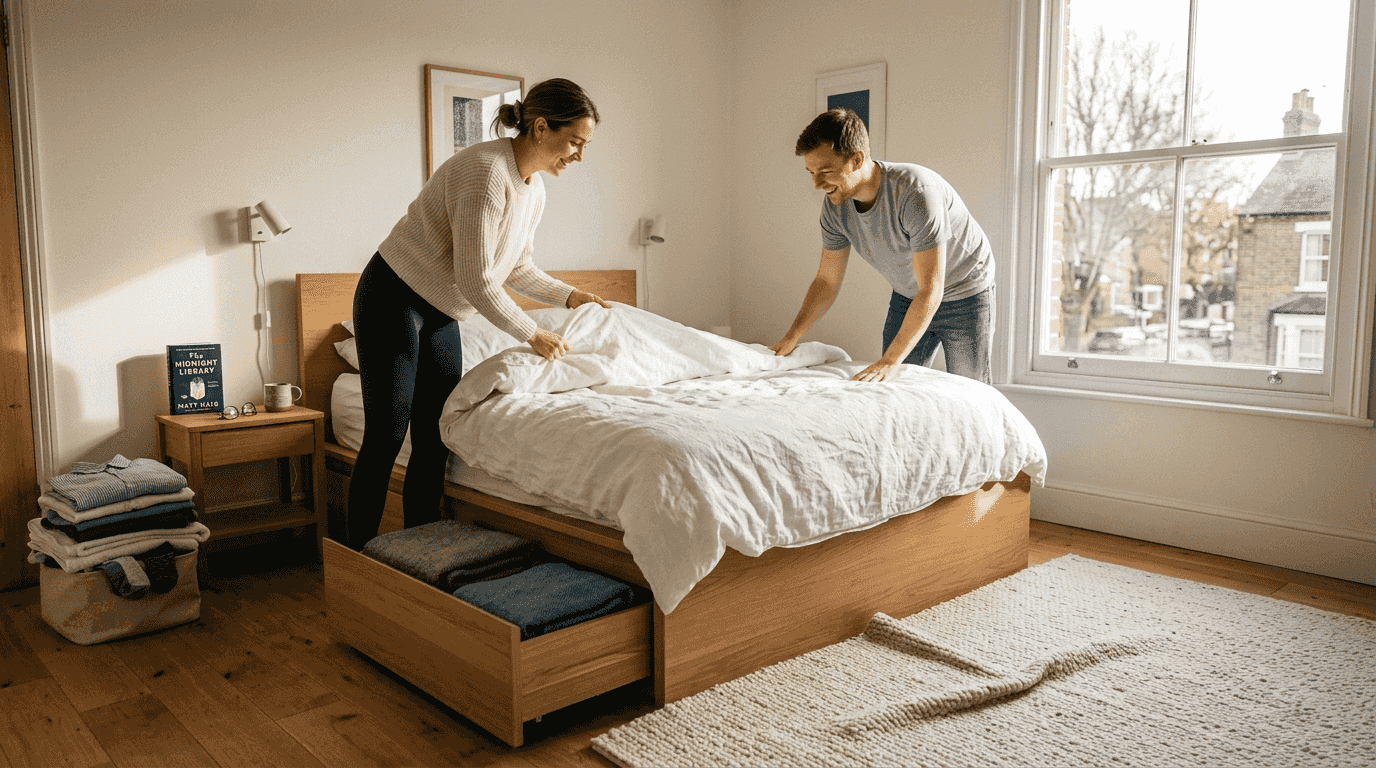 Minimalist bedroom with multifunctional storage bed