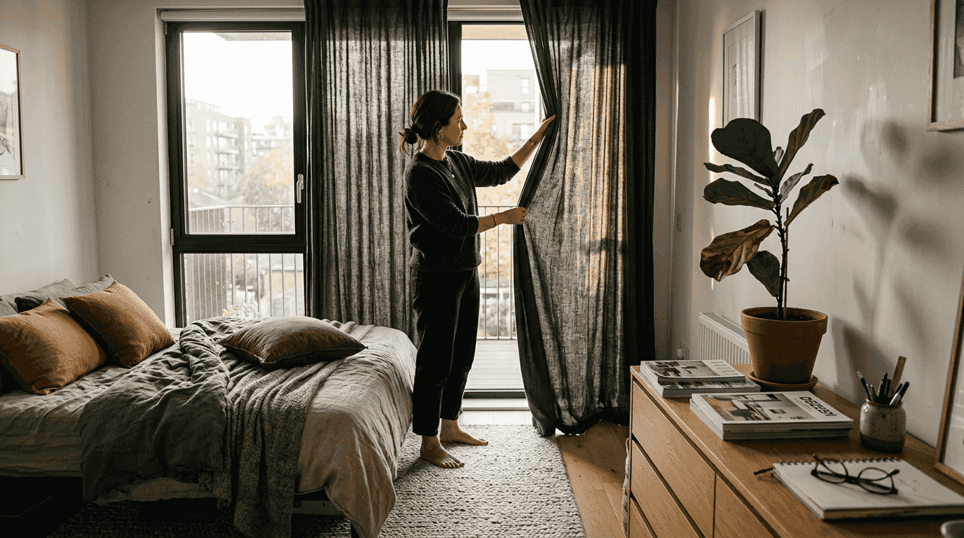 Designer adjusting dark grey curtains in bedroom