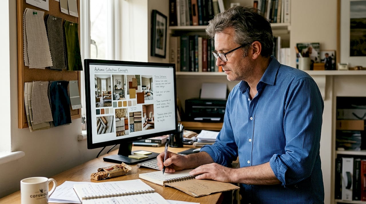 Man reviewing digital moodboard in home office
