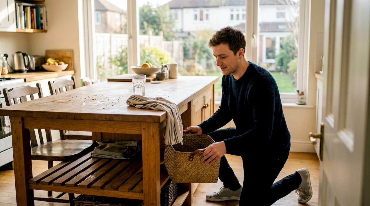 Man organizing baskets on kitchen shelf