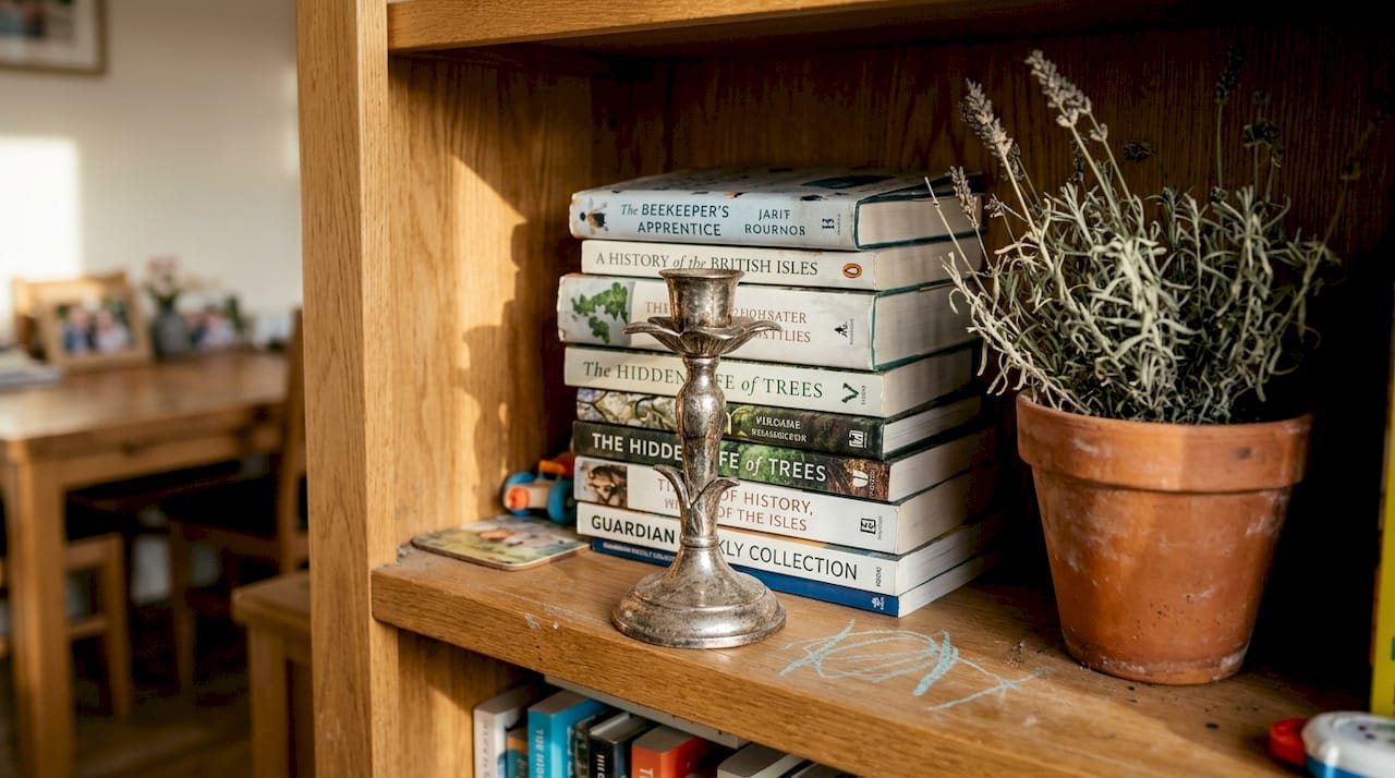 Silver flower candle holder on bookshelf