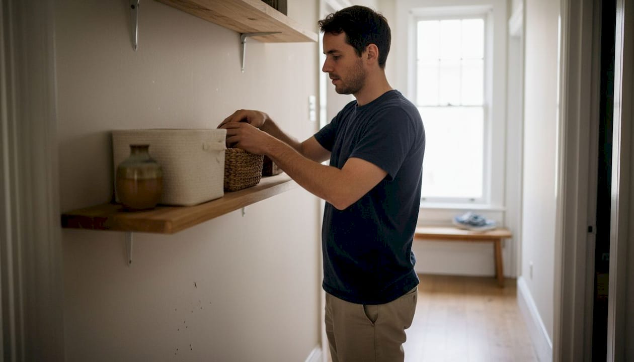 Man tidying woven basket on styled shelf
