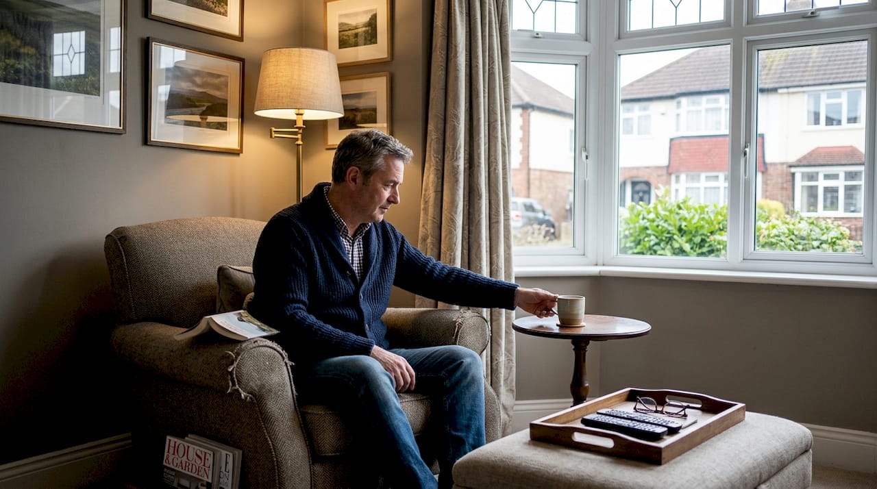 Cosy British reading nook with accent furniture