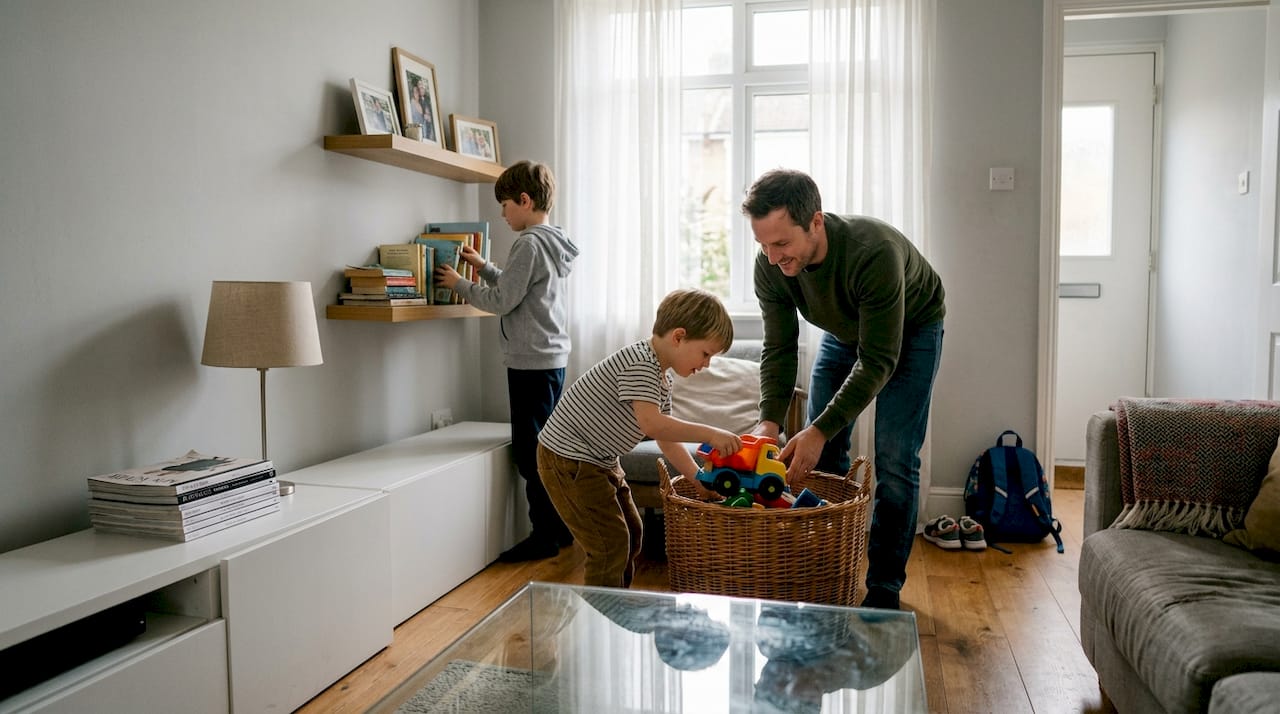 Family organizing minimalist small living area