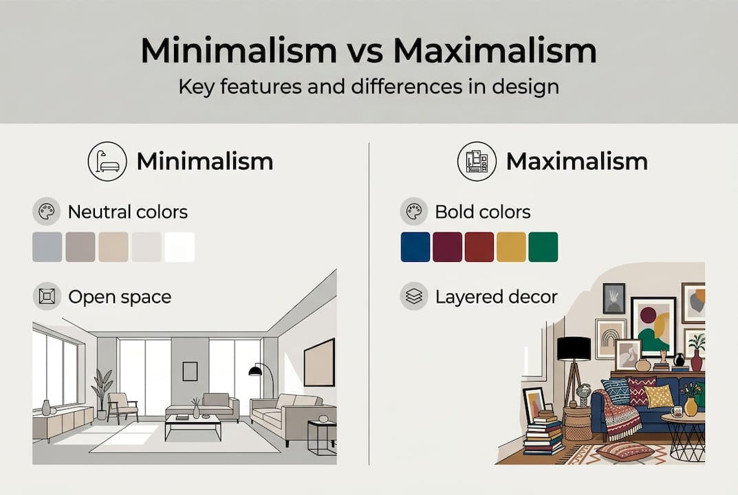 Minimalism versus maximalism infographic comparison