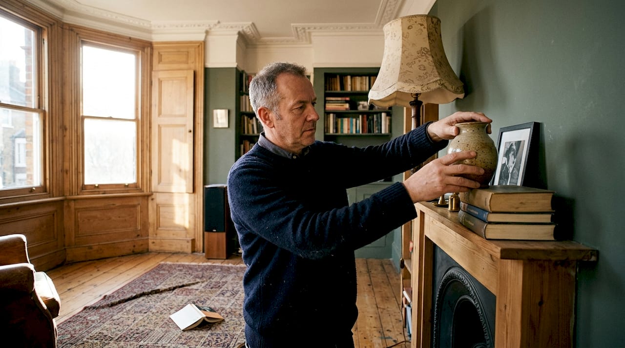 Man arranges accents on mantelpiece