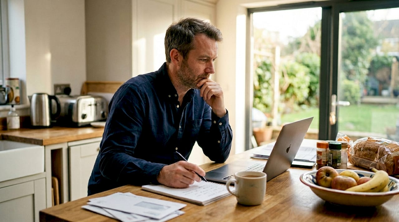 Man comparing customer reviews in kitchen