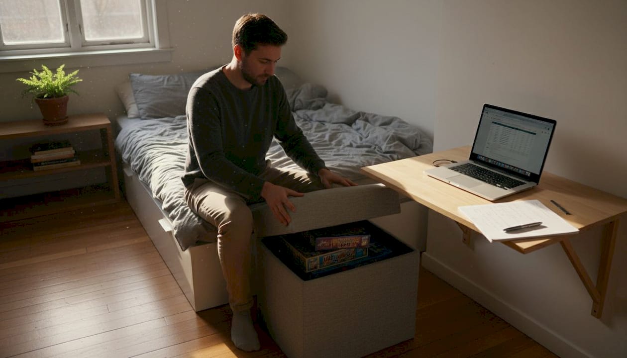 Person using multifunctional furniture in compact bedroom