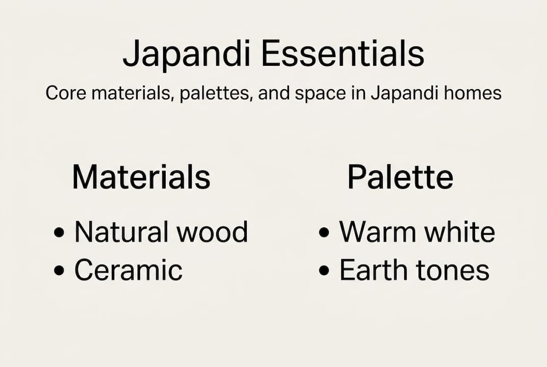 Infographic shows Japandi core materials and color palette