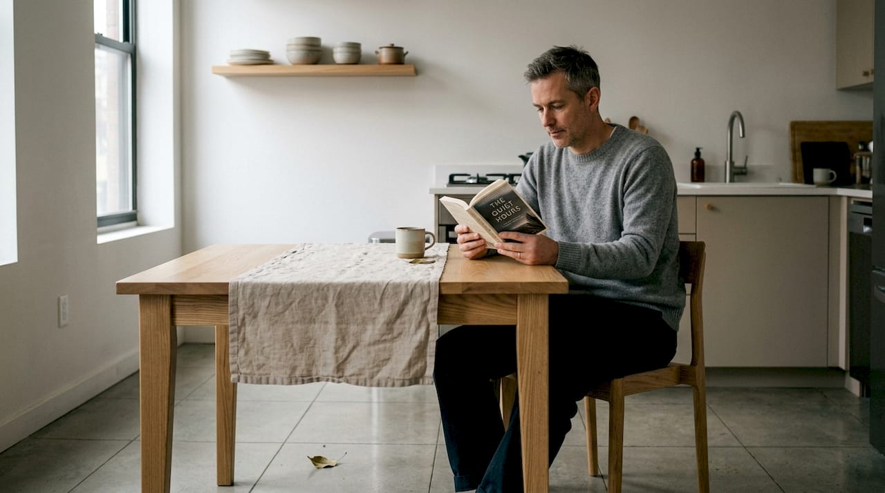Man reading in minimalist Japandi kitchen
