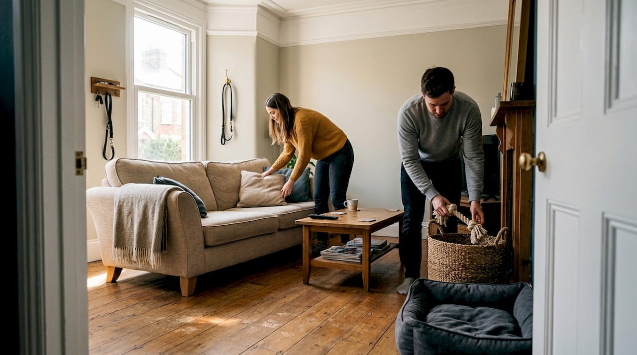 Couple arranging pet-friendly coordinated accessories