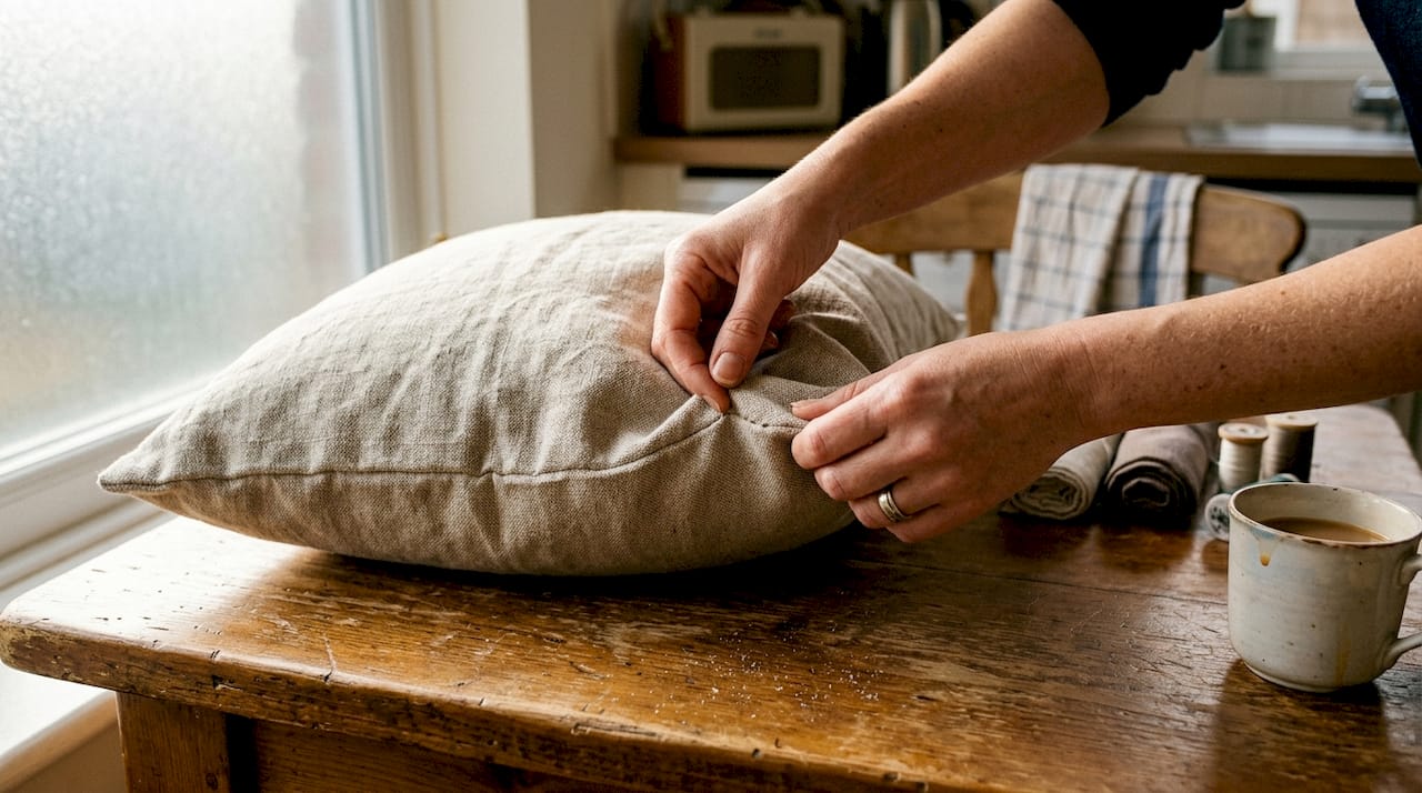 Hands inspecting durable linen cushion materials
