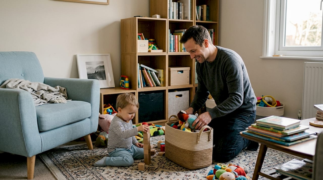 Parent tidying toys in flexible family space
