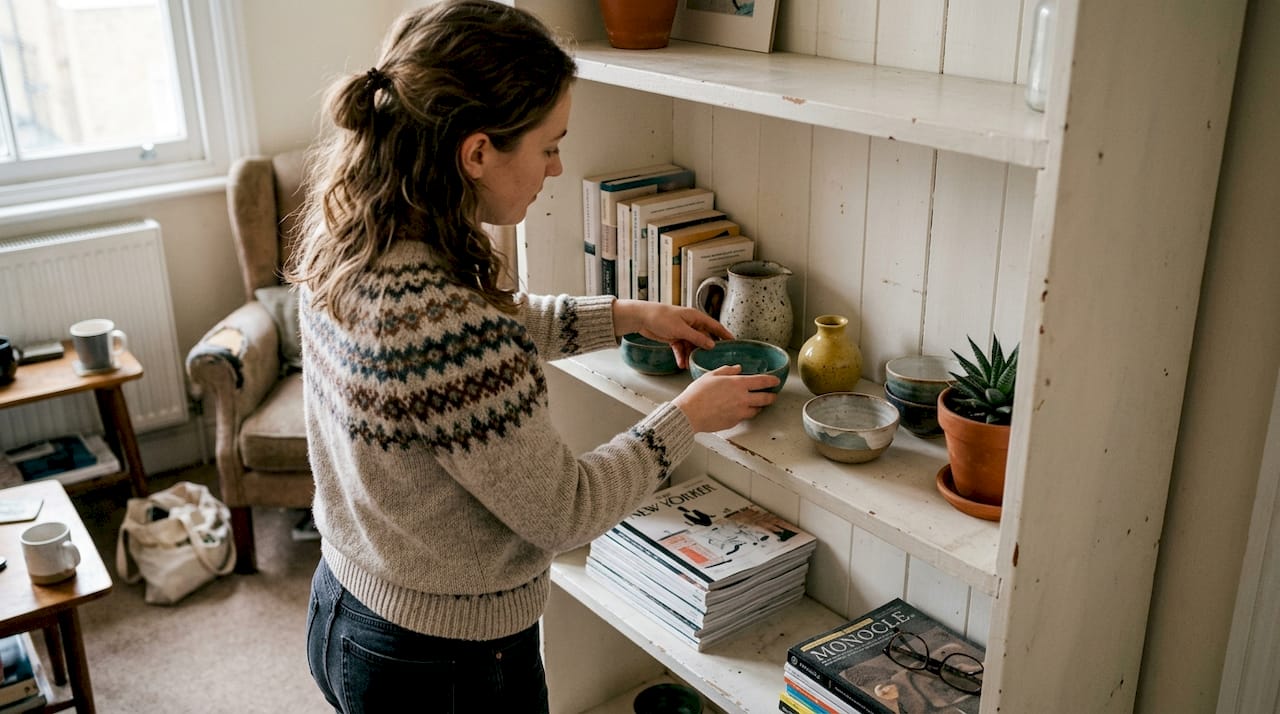 Hands arranging ceramics on bookshelf