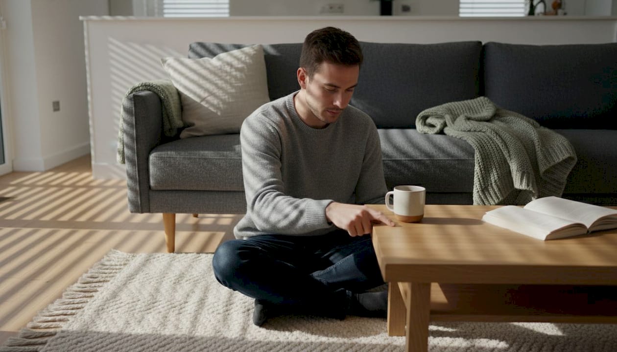 Man exploring textures in modern living space