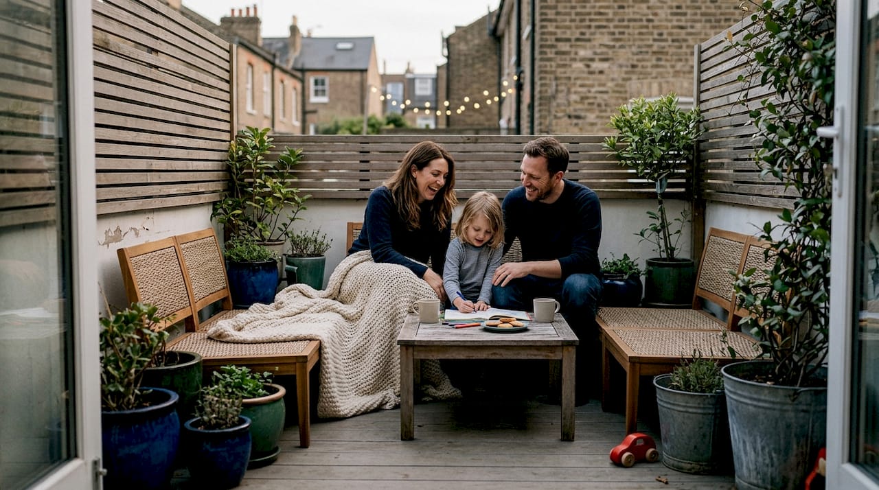Family enjoying textured outdoor terrace