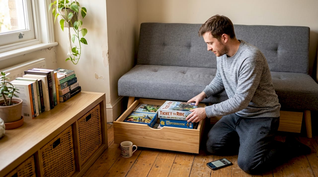 Retrieving items from pull-out sofa storage
