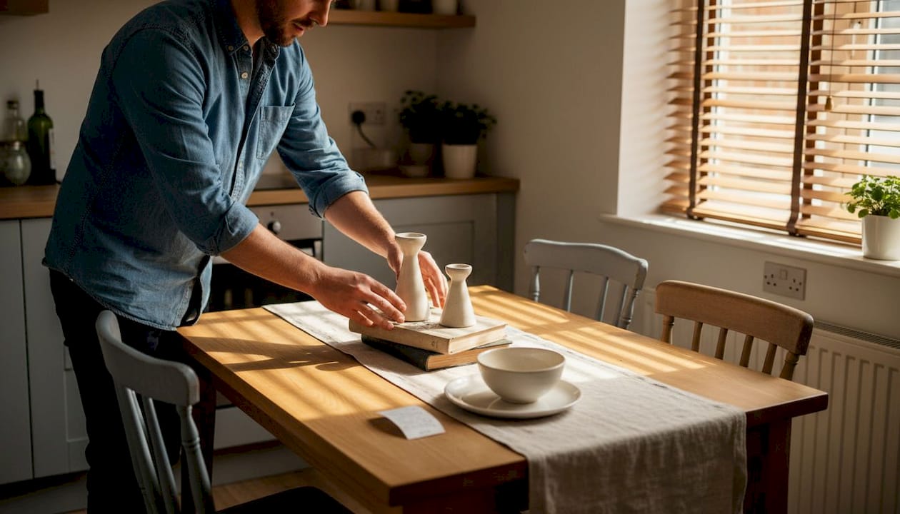 Man arranging modern table accessories