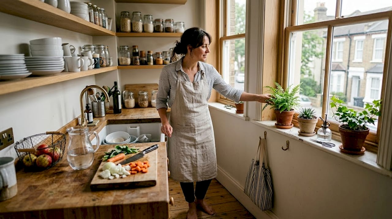 Woman using kitchen with plants and natural light