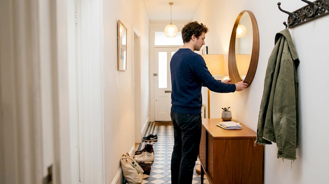 Person adjusting mirror and lamp in narrow hallway