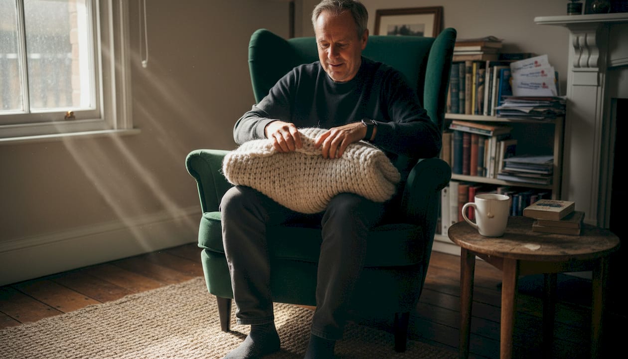 Man updating cushion and rug textures at home