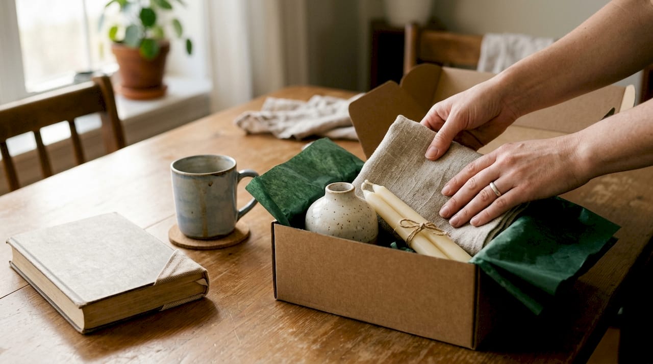 Hands arranging reusable home decor gifts in box