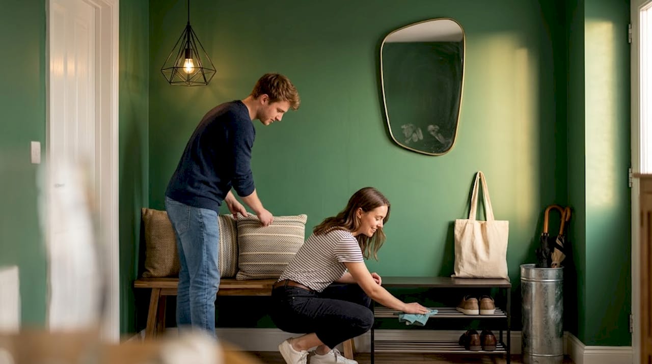 Couple adjusting entryway bench and decor