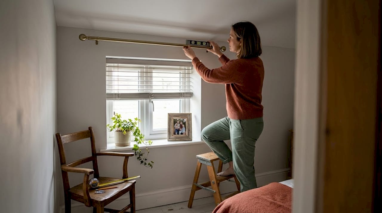 Person installing high-hung bedroom curtains