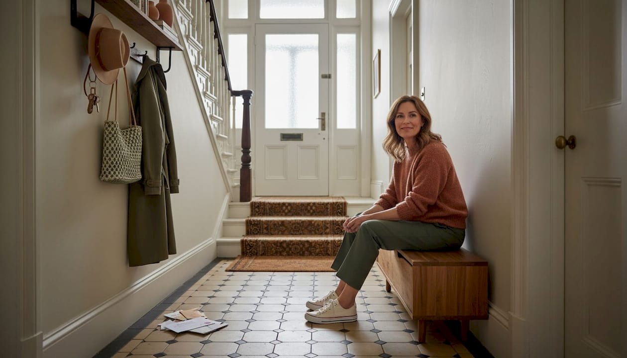Woman uses shoe bench in narrow hallway