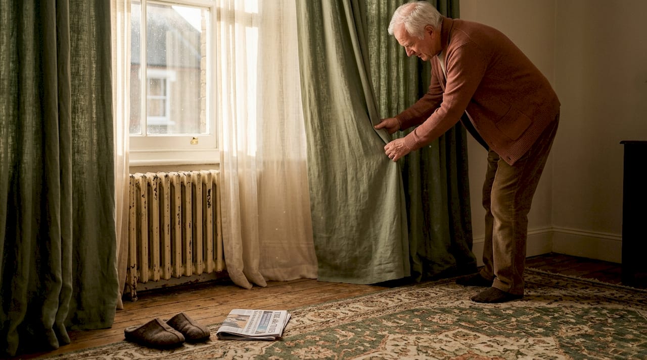 Curtains and rug layered for warmth