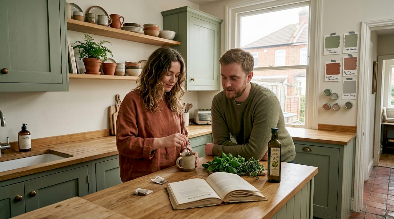 Couple in kitchen with sage green cabinets