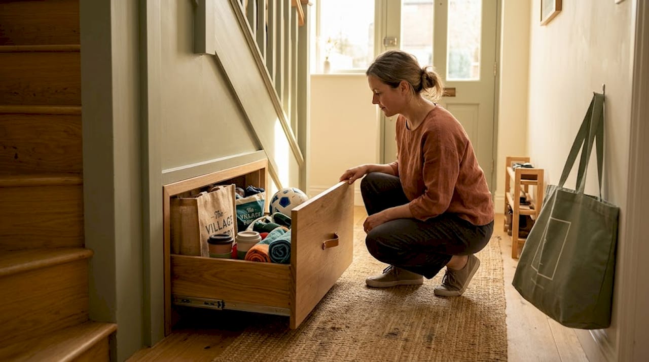 Woman accessing under-stair storage drawer