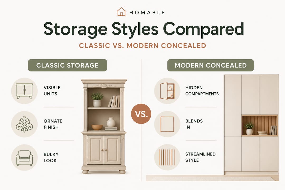 Infographic comparing classic and modern concealed storage