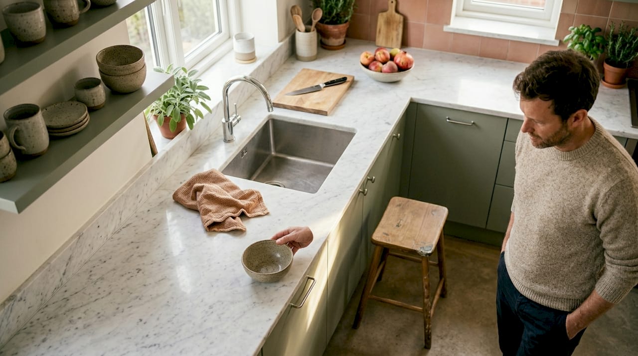 Man selects rustic bowl in bright kitchen