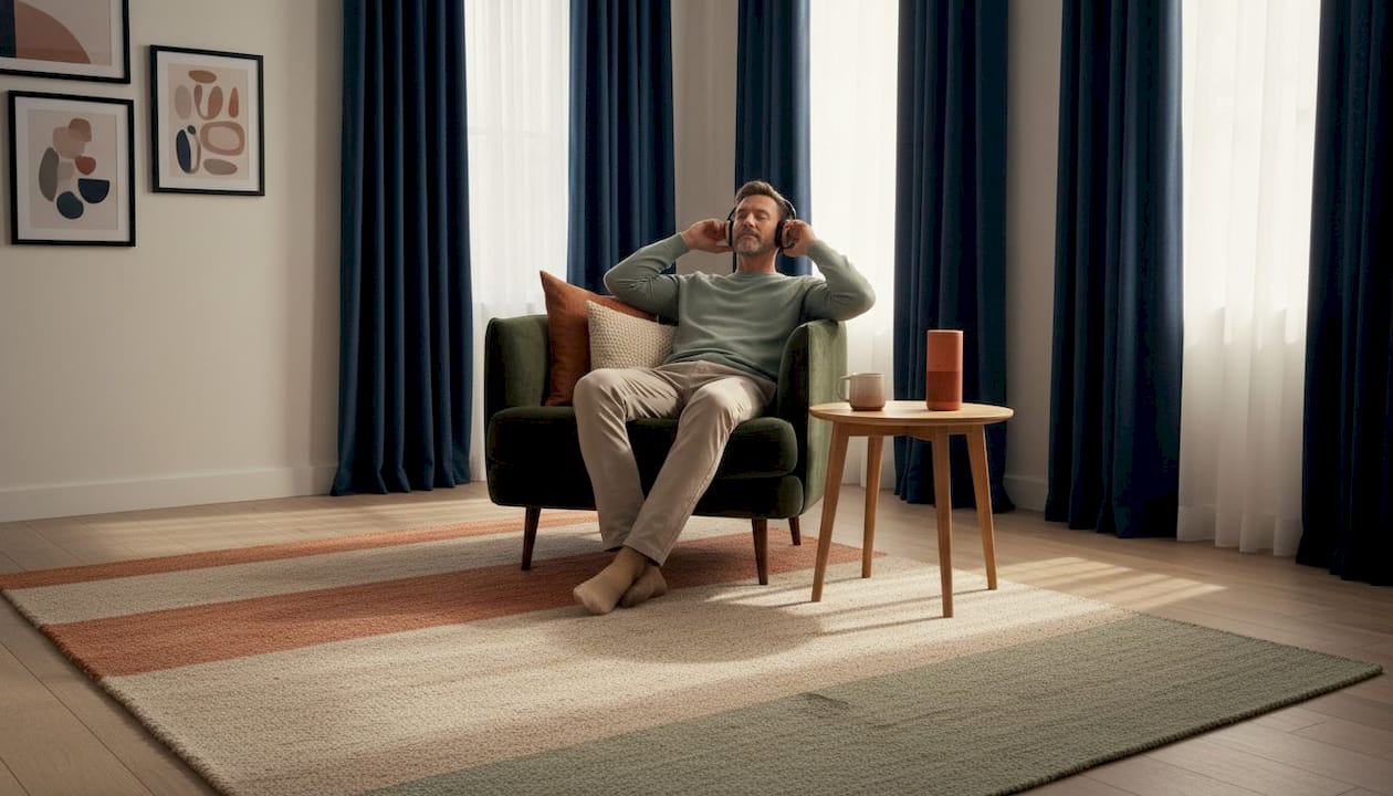 Man enjoying acoustic comfort with soft furnishings