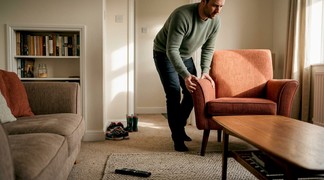 Man arranging furniture in everyday UK living room