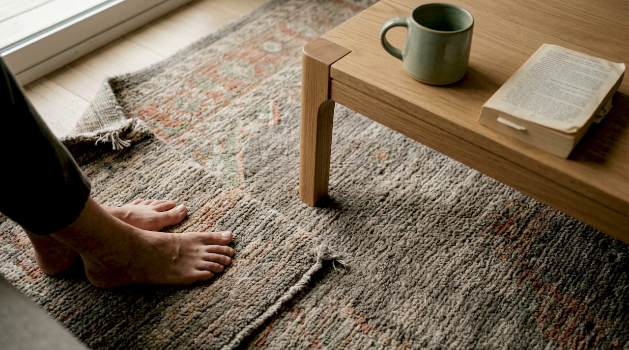 Close-up textured rug with bare feet and table