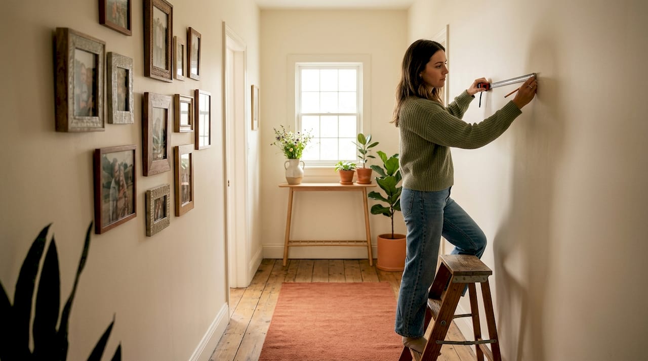 Woman measuring wall to hang artwork