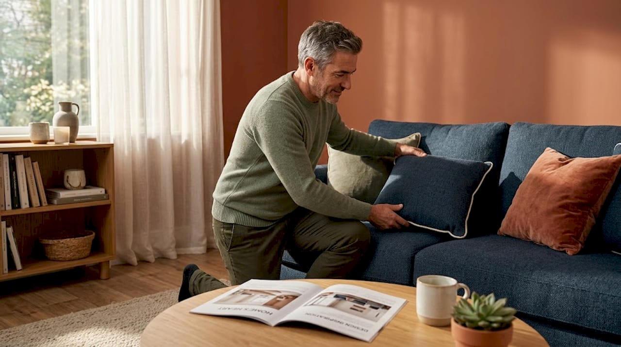Man arranging contrast piping cushion