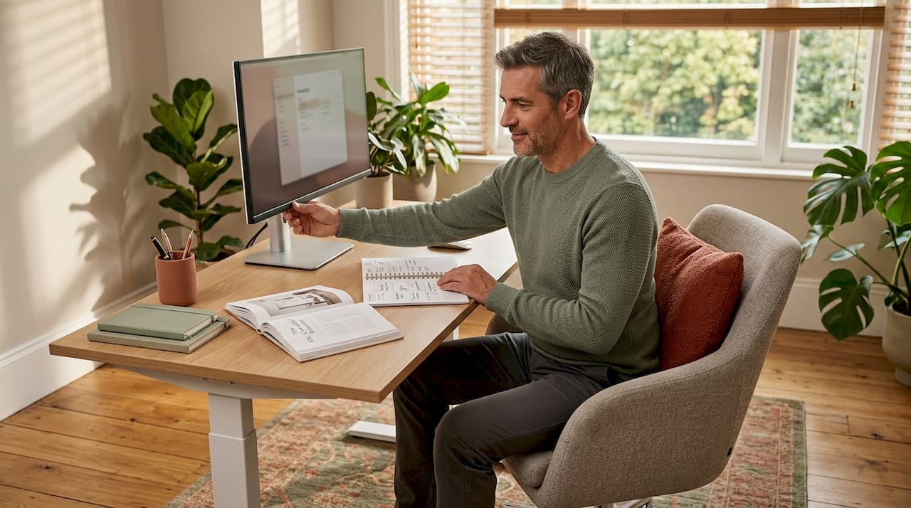 Man adjusting ergonomic home office workstation