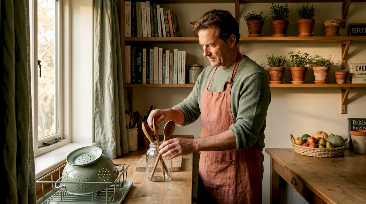 Man repurposing glass jar for kitchen utensils