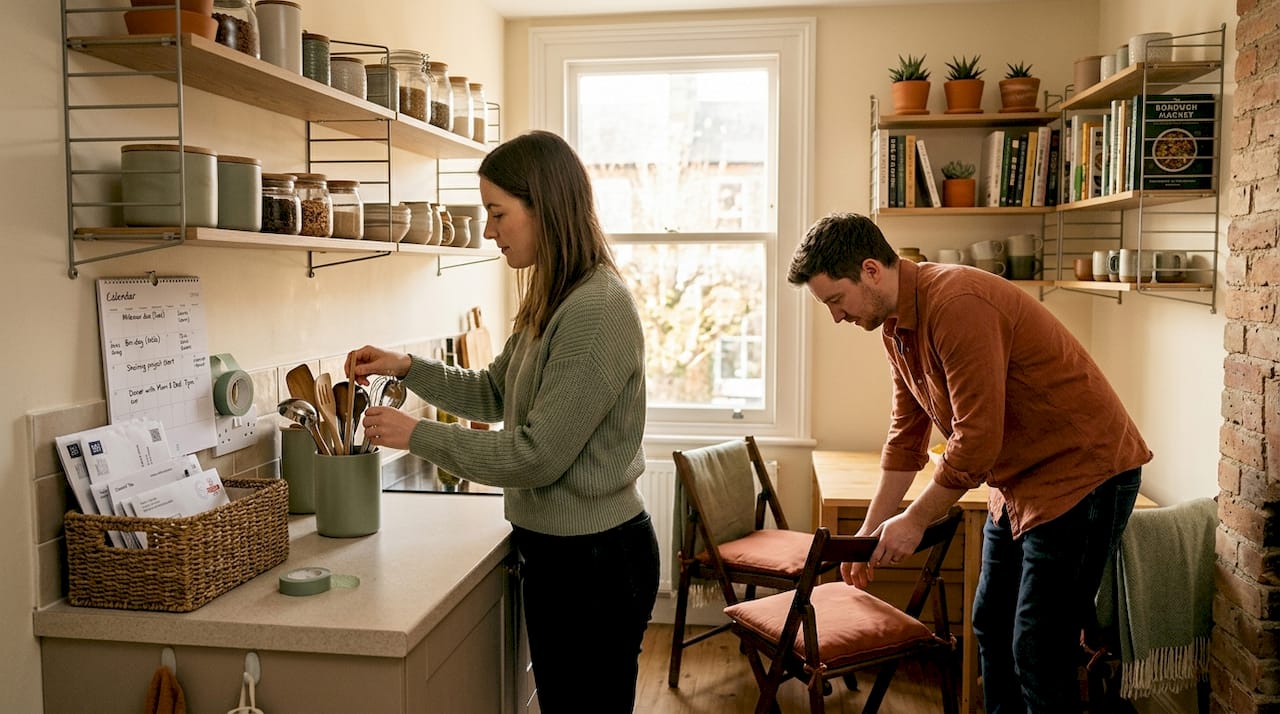 Couple arranging storage in small kitchen