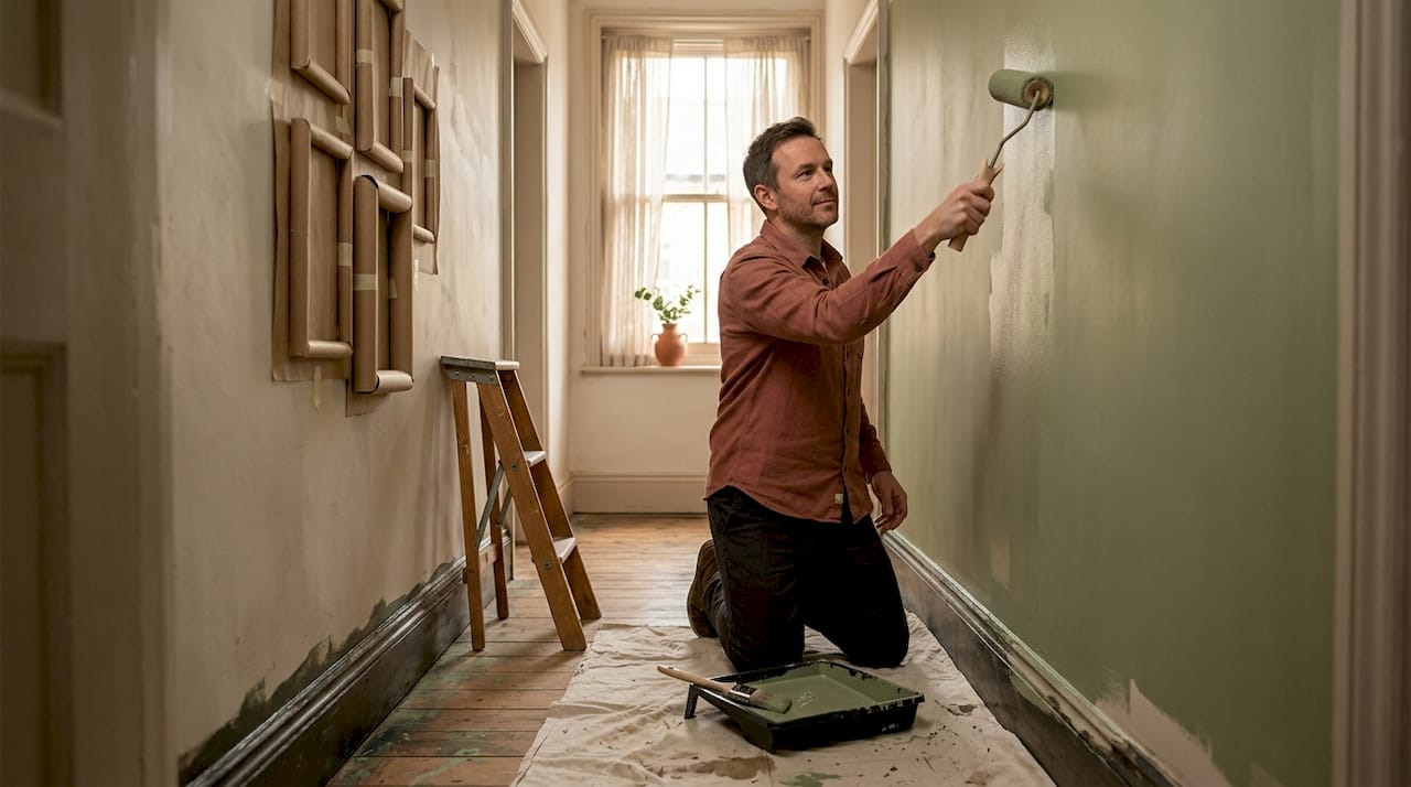 Man painting hallway wall sage green